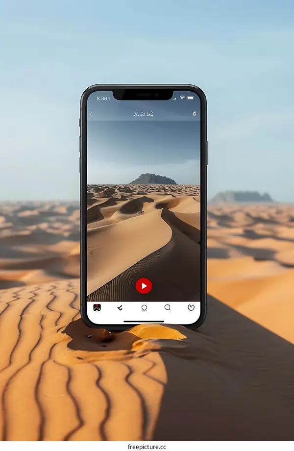 Smartphone Showing a Desert Landscape Video on a Sand Dune