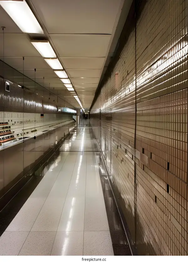 Long Empty Hallway with Tile Walls and Overhead Lighting