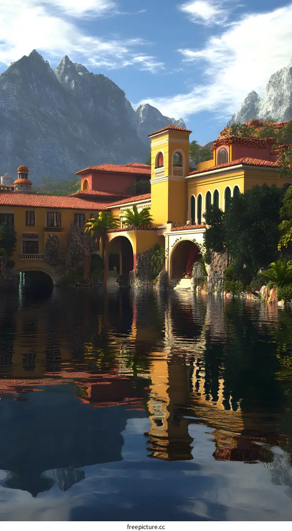 Beautiful Italian Villa with Water Reflection and Mountains in the Background