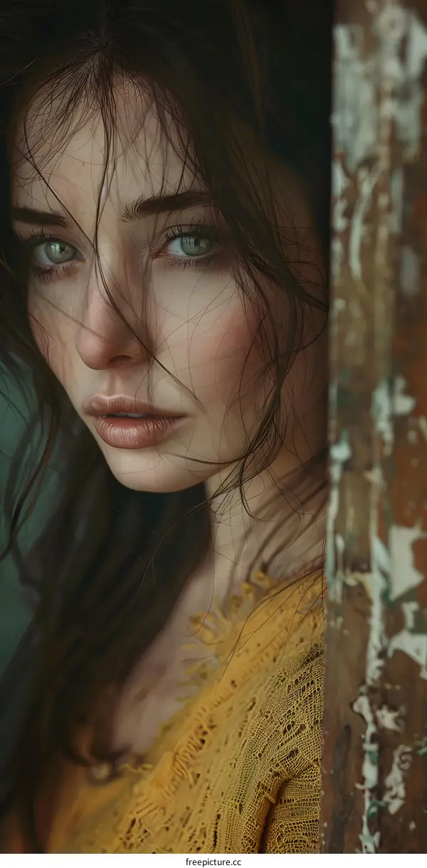 Portrait of a young woman with green eyes and brown hair