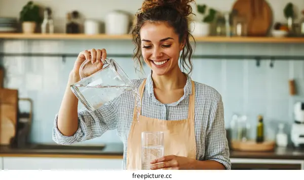 Woman Pouring Water in Kitchen