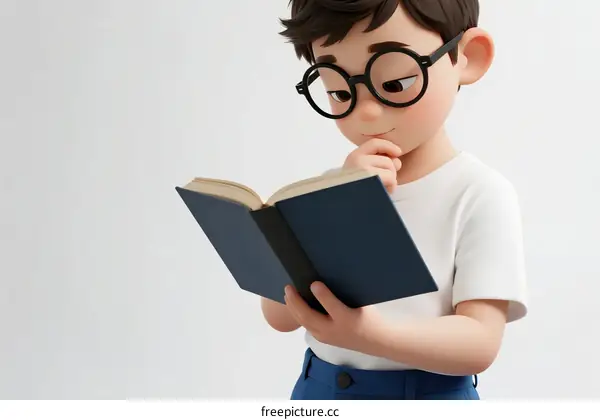 A Boy Reading a Book with Thoughtful Expression
