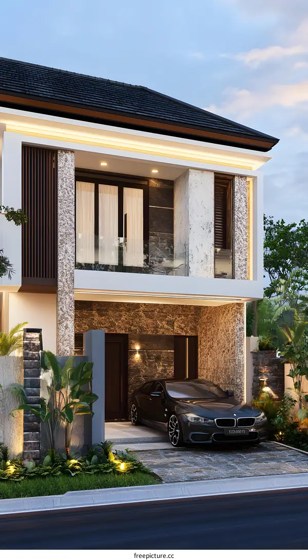 Modern Home Exterior Design With Car Garage And Landscape
