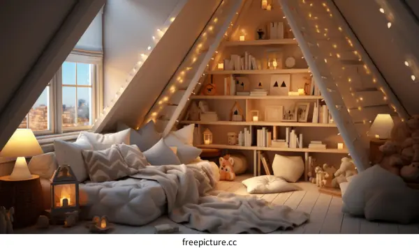 Cozy Attic Bedroom with City Views and Warm Lighting