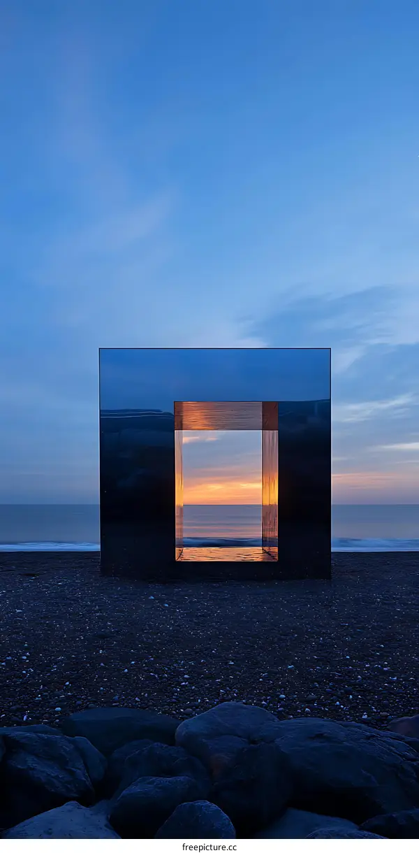 Minimalist Architecture with Window Framing Sunset Over Sea