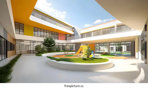 Modern School Building with Colorful Playground and Courtyard