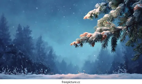 Winter Night Snowy Pine Branch Landscape