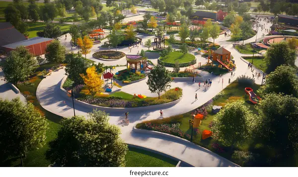 Aerial View of a Colorful Playground with People Walking on Pathways