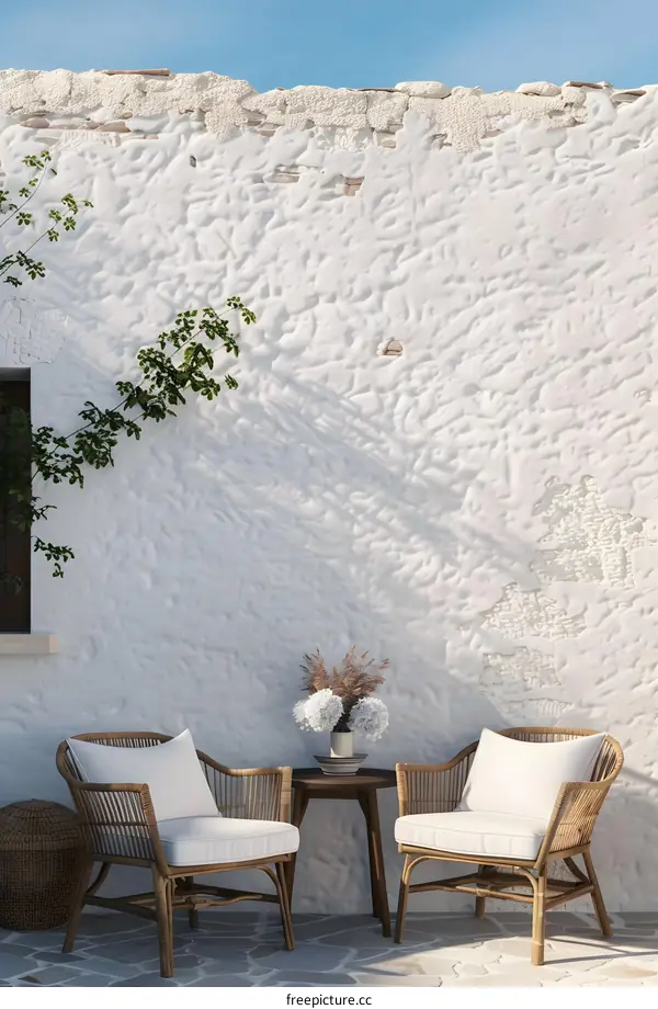 White Wall Patio With Two Wicker Chairs And A Small Table