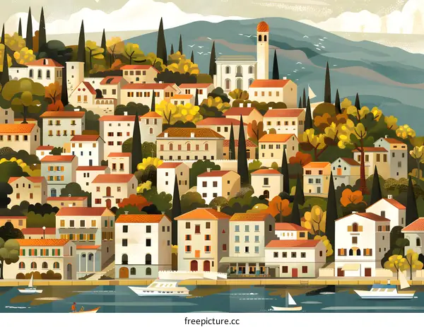 Charming Seaside Town with Colorful Houses and Boats