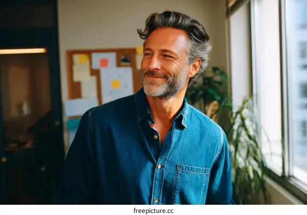 Middle Aged Man in Denim Shirt Smiling in Office