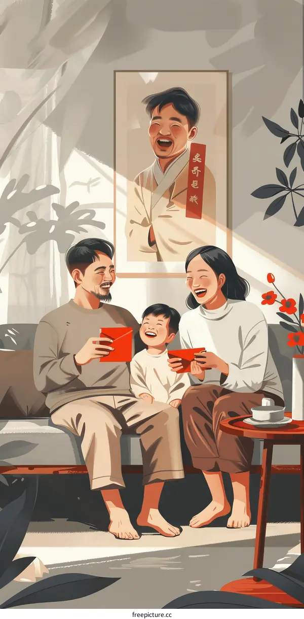 A happy family of three is sitting on the sofa in the living room, and the father is giving the child a red envelope.