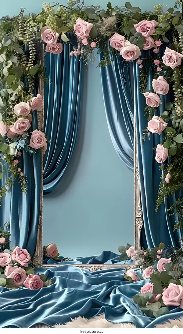 Blue Velvet Curtains and Pink Roses Background