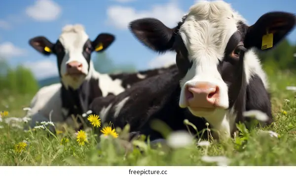 Two cows lying in a green field looking at the camera