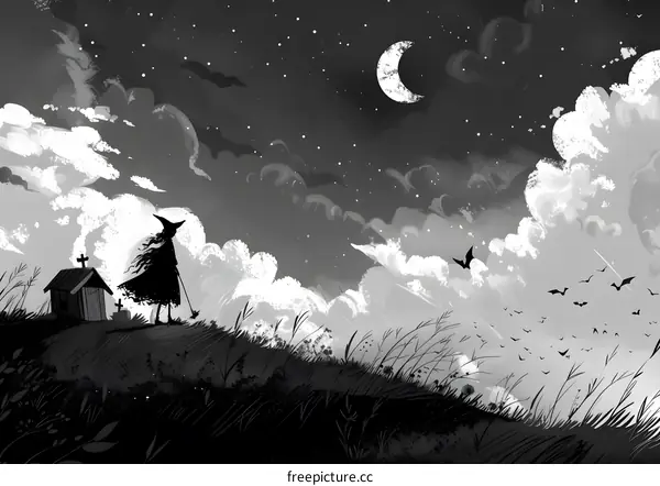 Witch Standing on Hillside Under Crescent Moon