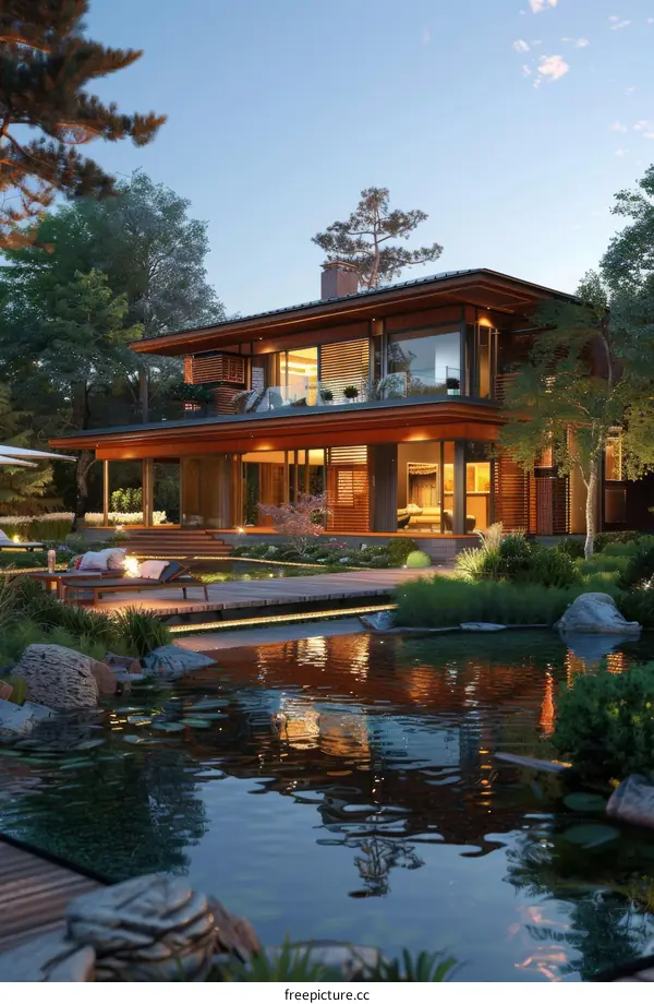 Stunning Modern Wooden House with Garden Pond