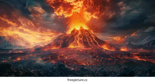Volcanic Eruption with Lava Flow and Ash Cloud
