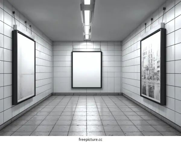 Empty Subway Corridor with Blank Posters