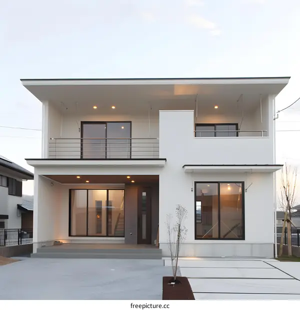 Modern White Two Story House with Balcony and Large Windows