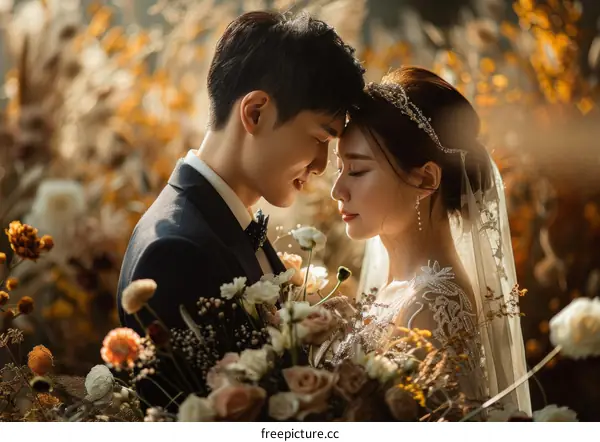 Asian couple in wedding dress and tuxedo in a field of flowers