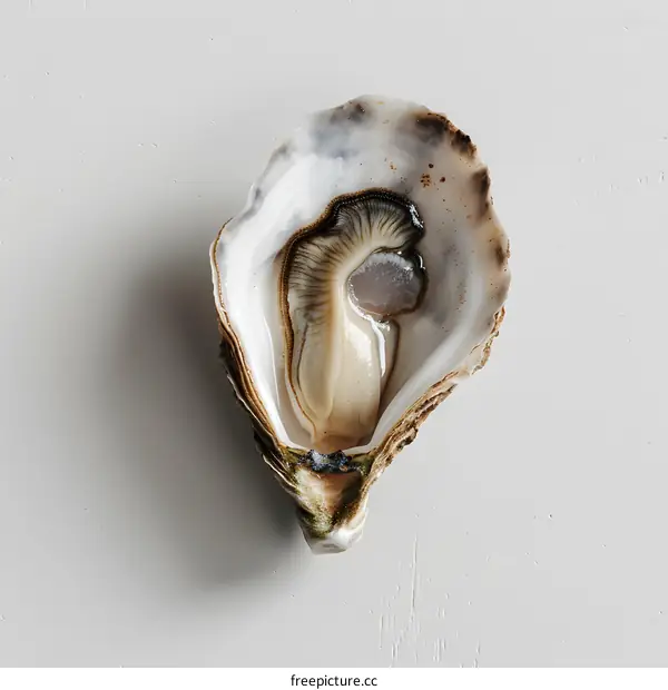 An opened oyster on a white surface