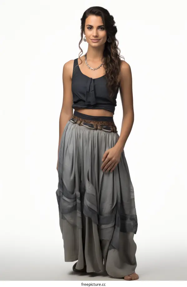 A woman wearing a boho-chic outfit