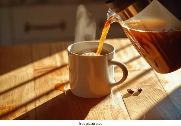 Coffee being poured into a white cup on a wooden table