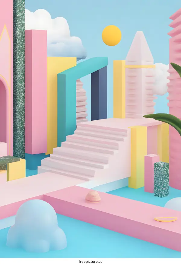 Abstract 3D Geometric Cityscape with Pastel Colors and Stairs
