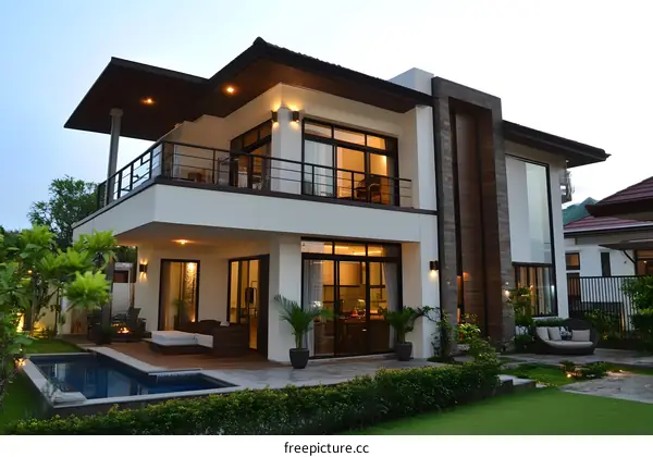 Modern Two Story House with Swimming Pool and Lush Greenery