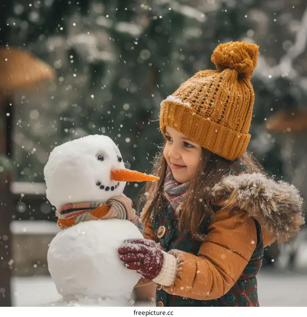 Little girl making a snowman in the winter