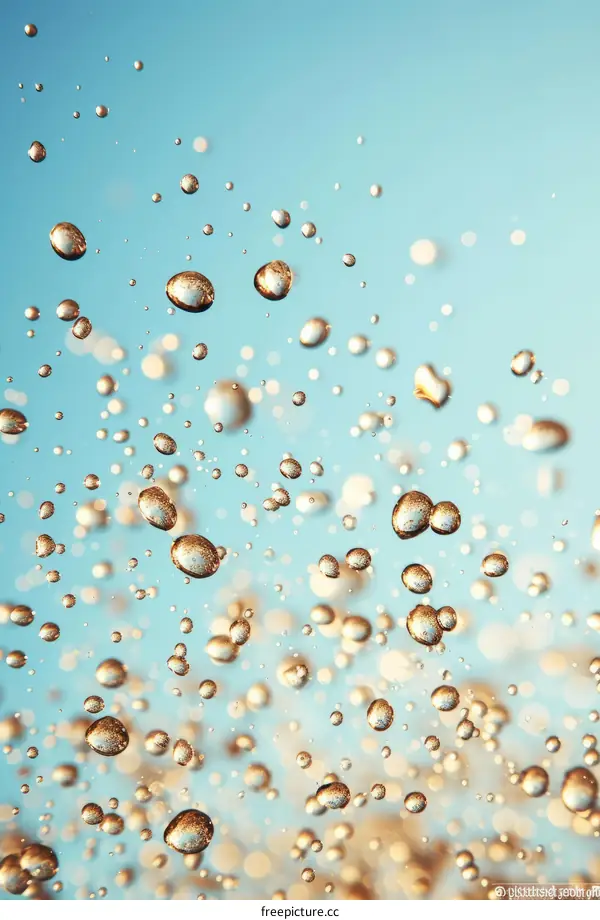 many small round water drops in the air with a blue background