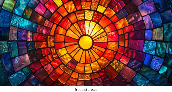 Stained glass window with a sunburst design