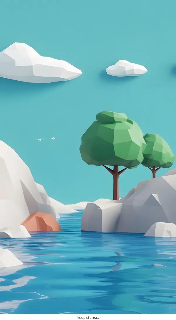 Low Poly 3D Illustration of a River with Rocks and Trees