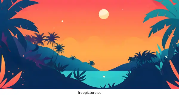 Tropical Sunset Landscape With Palm Trees And Mountains