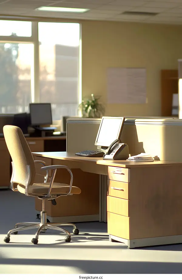Empty Office Desk with Chair and Computer
