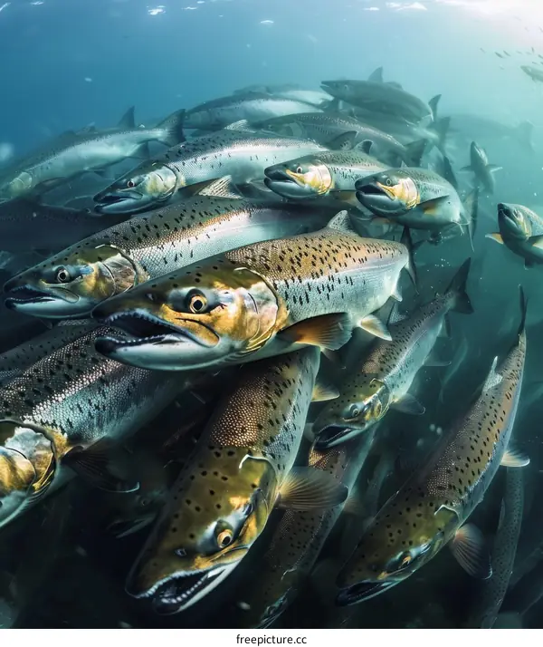 A large school of Atlantic salmon swim in the ocean