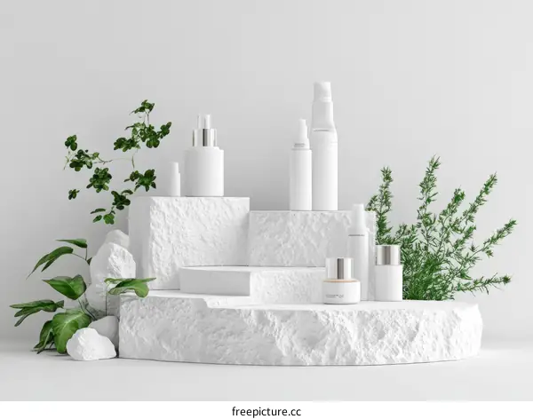 White Cosmetic Product Display with Plants