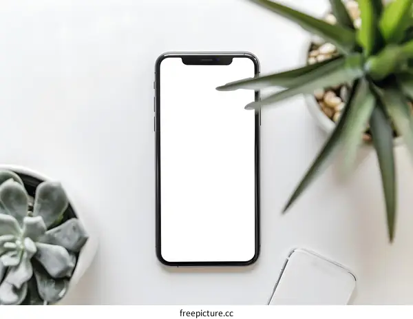 White Tabletop with Smartphone and Plant