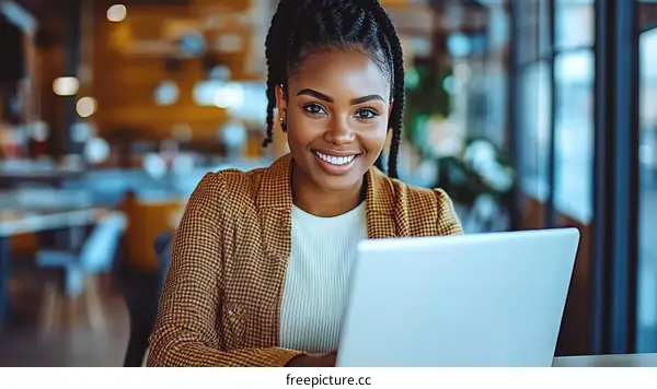 Smiling African American Woman Working on Laptop in Cafe