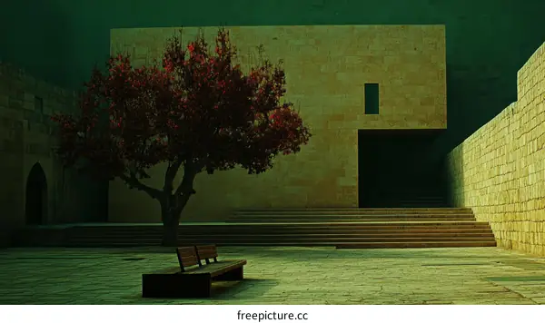 Modern Architecture Courtyard with a Red Tree