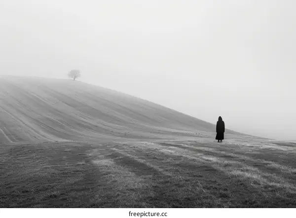 Black figure standing on a hill with a tree in the distance