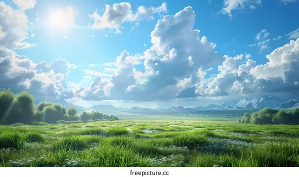 Green Pasture Landscape with Majestic Mountains