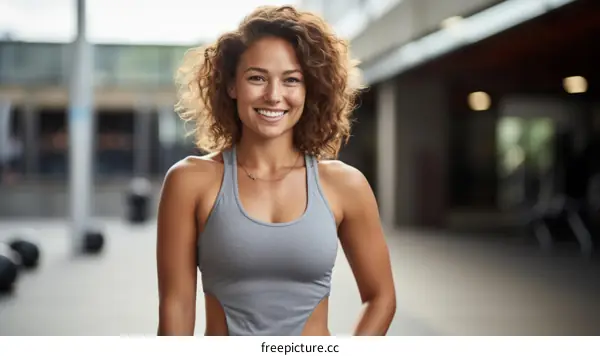 Portrait of a young athletic woman with curly hair smiling