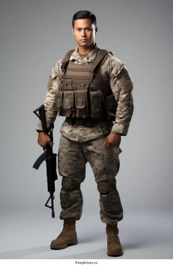 Portrait of a soldier in military uniform holding a rifle