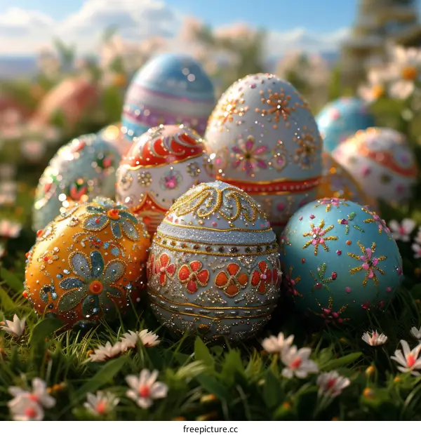 Ornate Easter eggs on green grass with white flowers