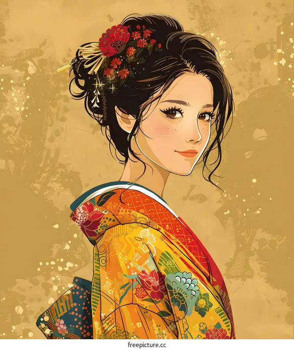 A beautiful Japanese woman in a kimono with a floral pattern and a red flower in her hair