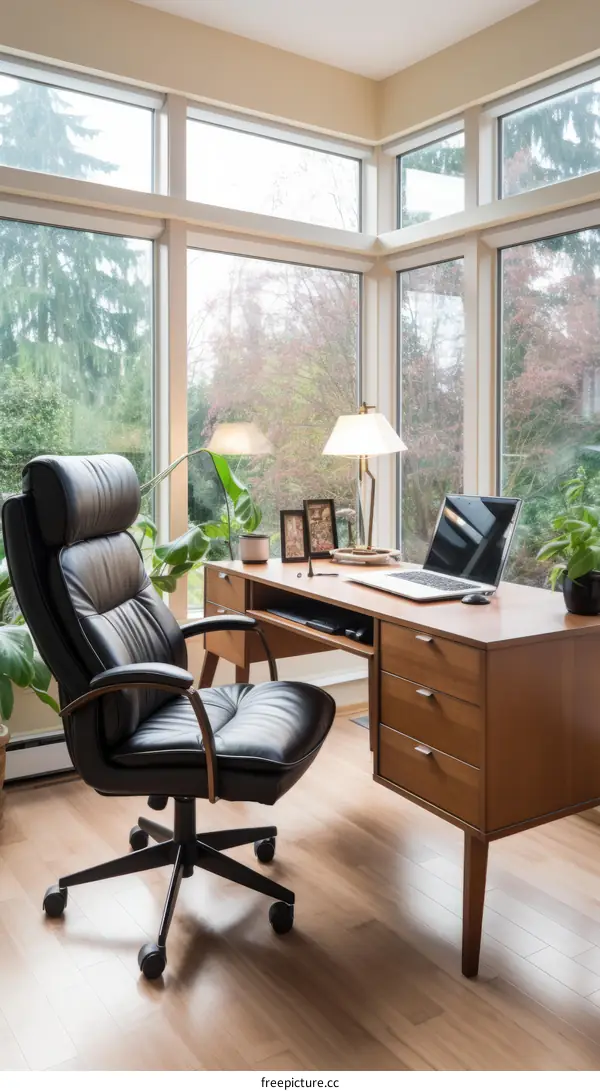 Home office with a large desk and comfortable chair