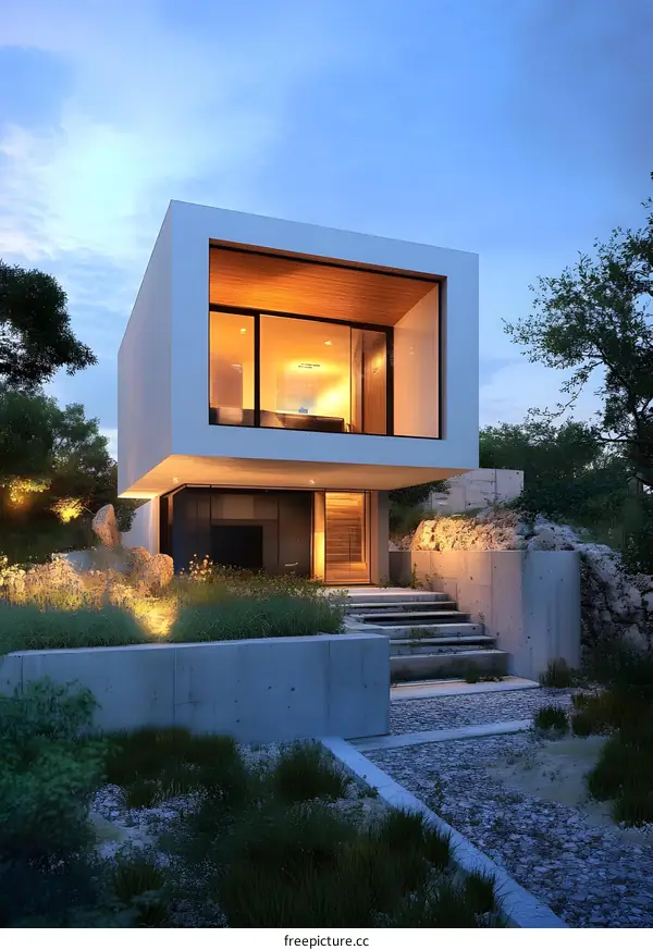 Modern Minimalist Home with Large Windows and Concrete Steps