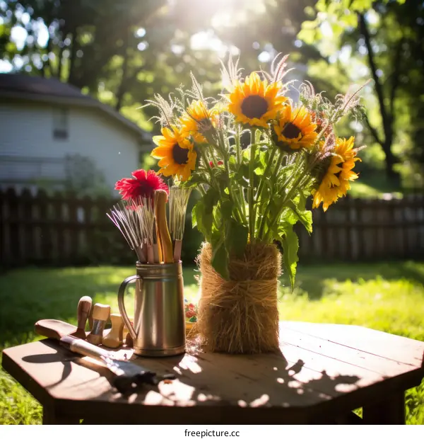 Sunflower bouquet in a vase on a wooden table