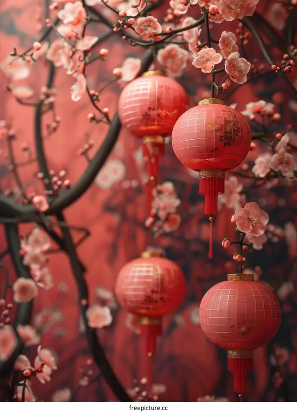 Three Red Lanterns Hanging from a Cherry Blossom Tree for Spring Festival